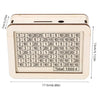 A light wooden money saving box with a grid for tracking amounts, showing various euro denominations.