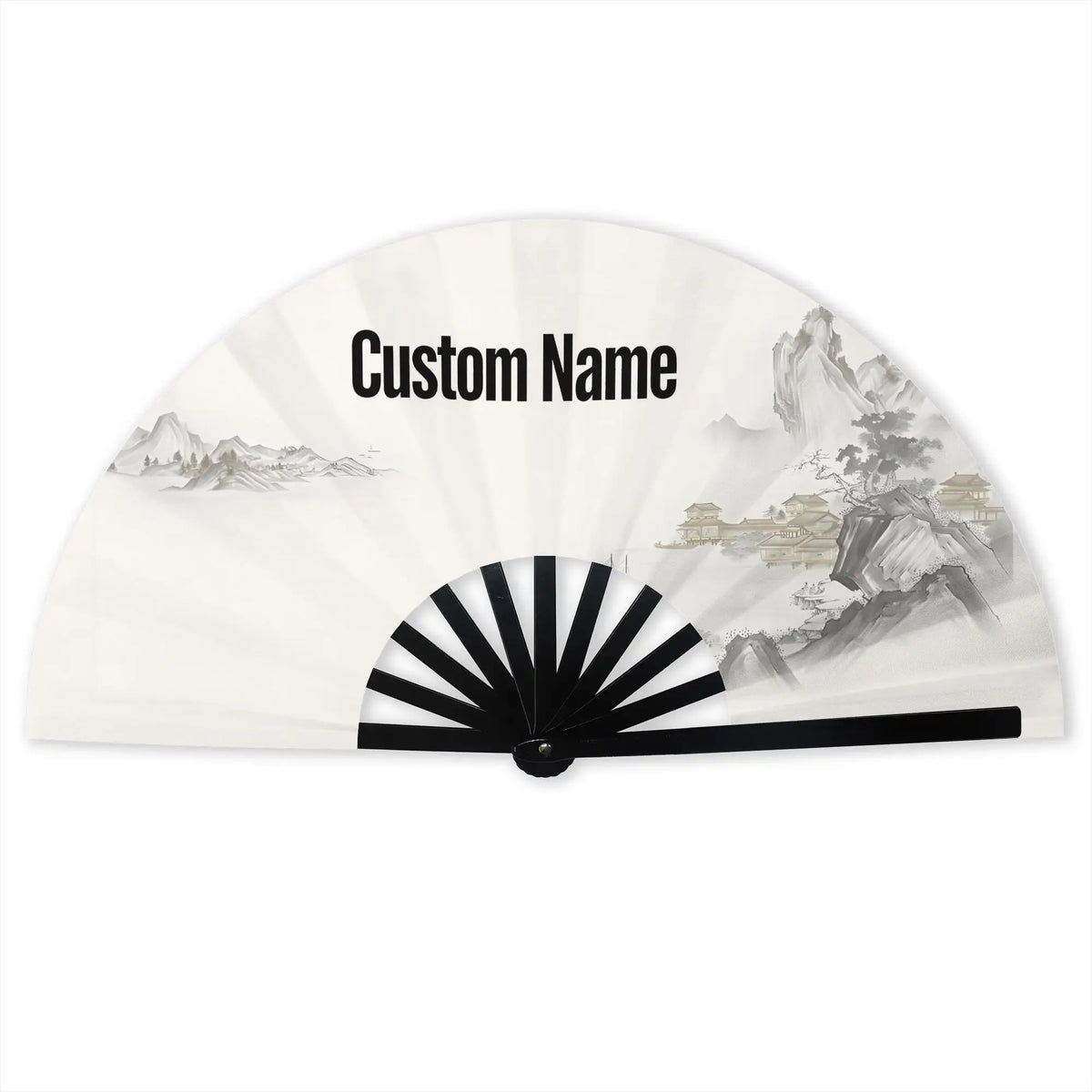A white folding fan with a custom name printed on the surface and featuring a scenic landscape design.
