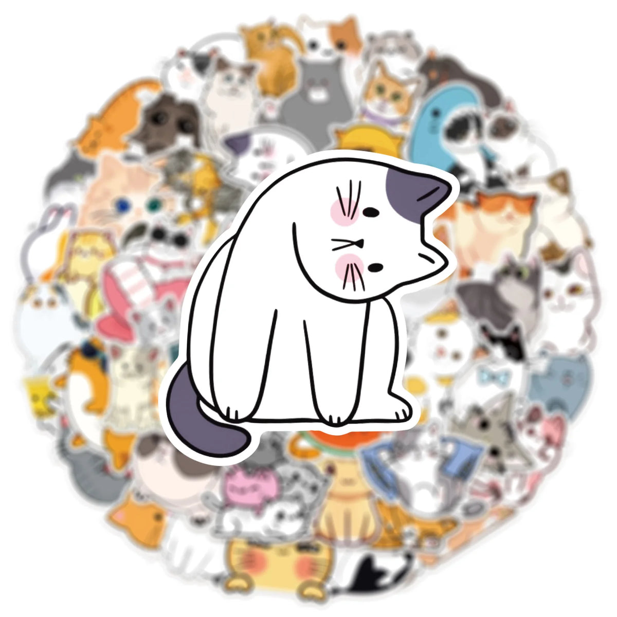 A circular arrangement of various cute cartoon cat stickers for DIY decor