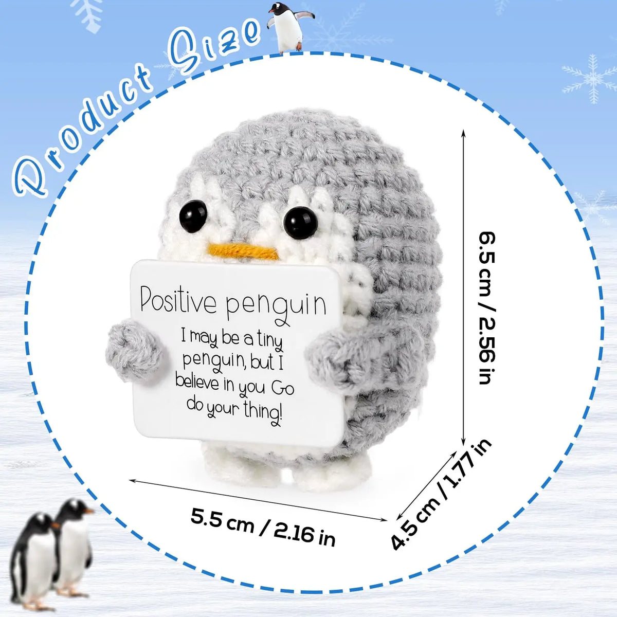 A gray and white crocheted penguin plush toy with an encouraging card, displayed within a circular guide.