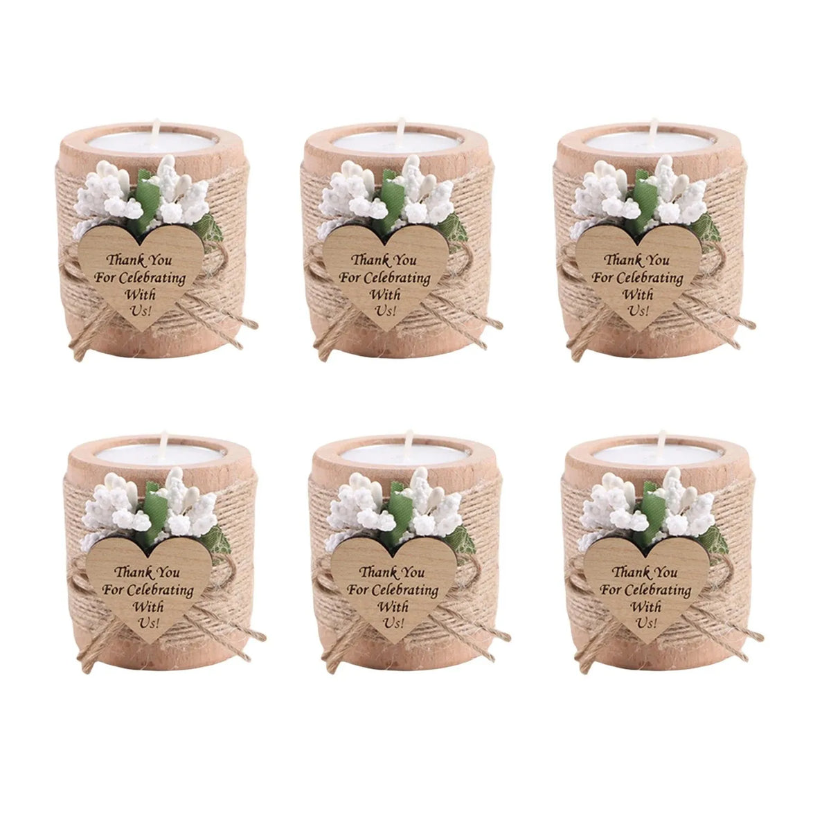 Wooden Tealight Candle Holders with Heart-Shaped Tags — Wedding & Baby Shower Favors
