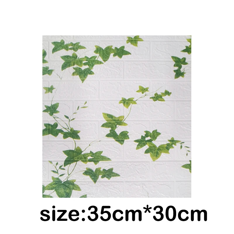 White brick wall panel with green foliage decals for home decor