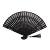 Black hand carved bamboo folding fan with intricate lattice design