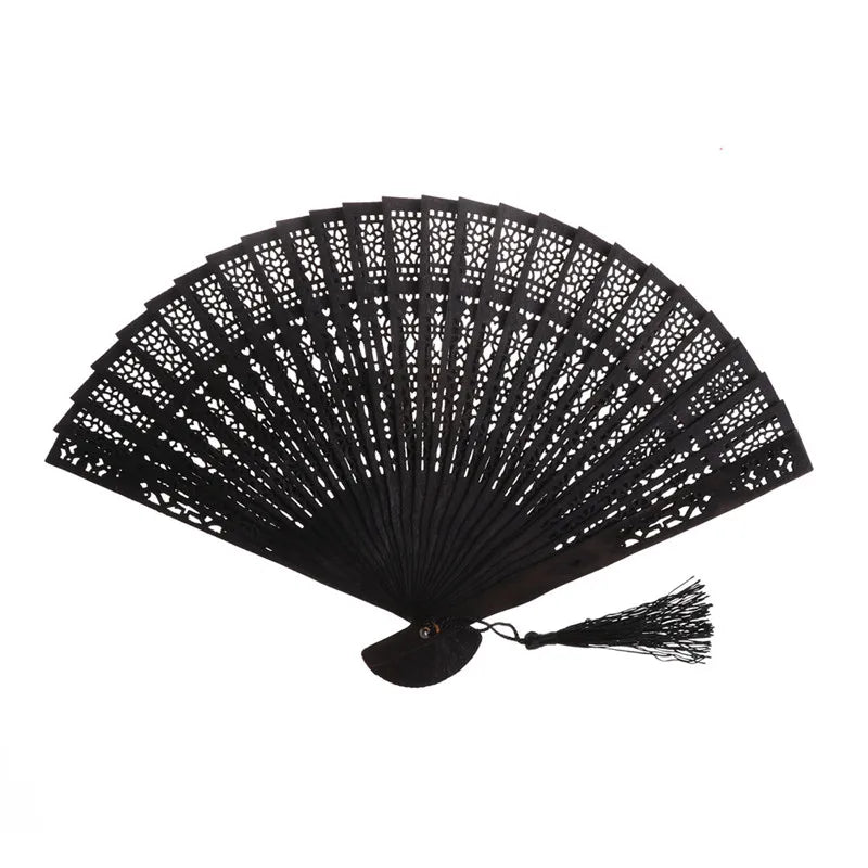 Black hand carved bamboo folding fan with intricate lattice design