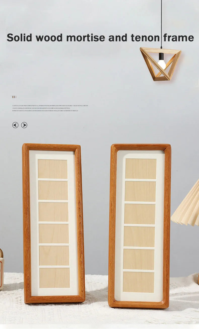 Two vertical solid wood frames with grid designs displayed against a light gray wall.