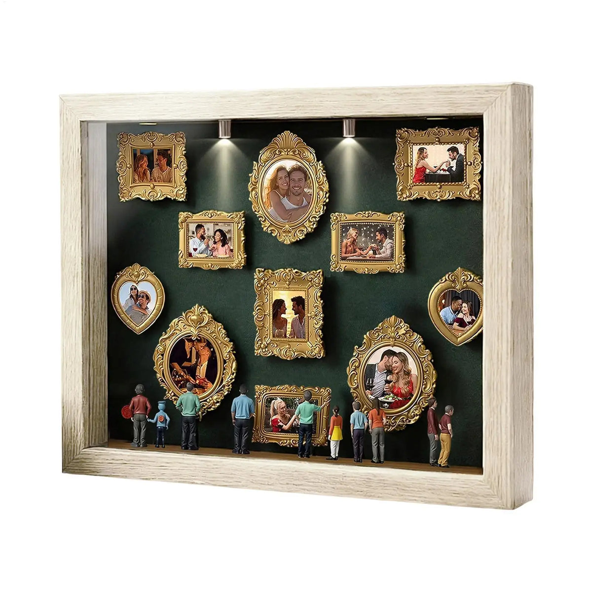 A wooden frame displaying various framed photos in a museum-style display with internal lighting.