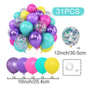A kit of 31 balloons in various colors including purple, pink, yellow, and teal with metallic pearl accents and confetti deta