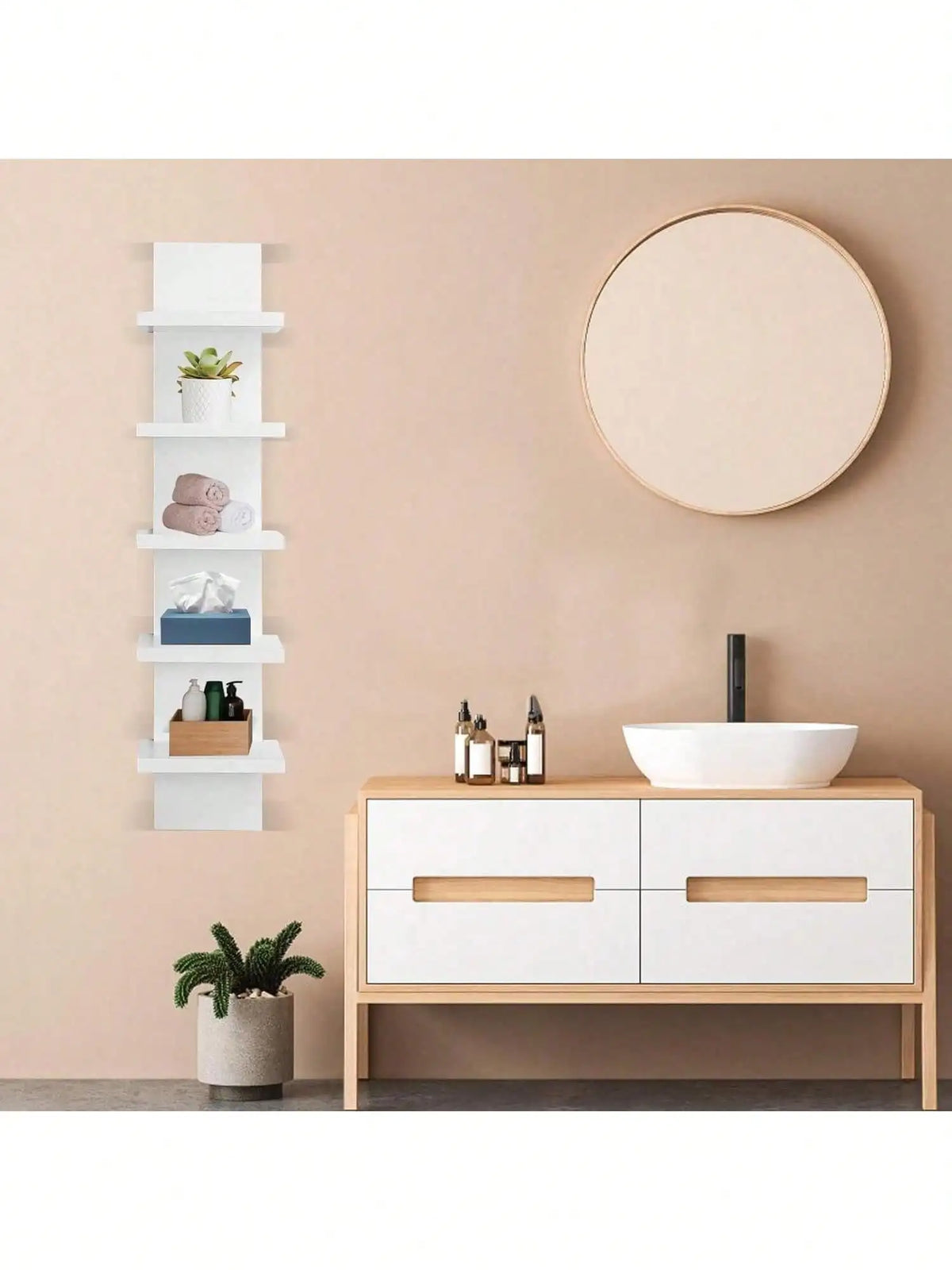 A modern white 5-tier vertical wall shelf mounted on a beige wall, featuring storage for plants and decorative items.