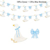 A string of white goose figures with blue bowknots used as a party banner garland.