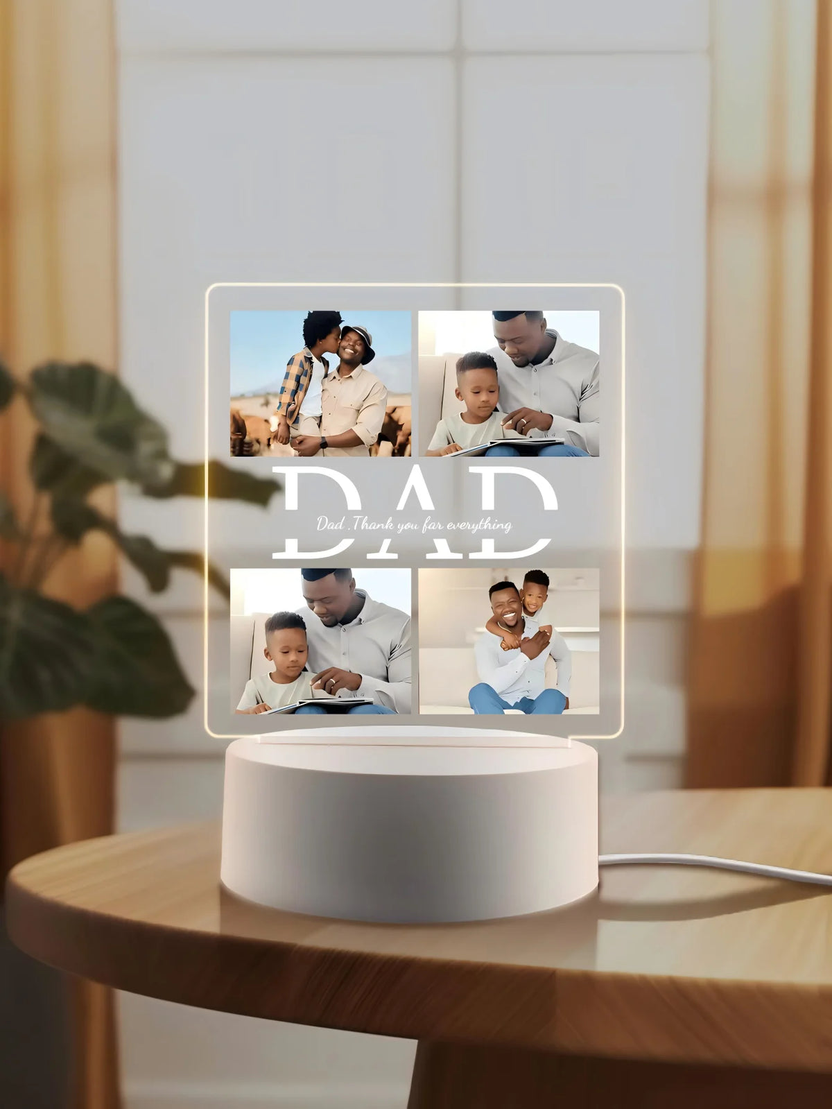 A white acrylic night light features a framed photo of a father and his children with the text Dad thank you for everything.