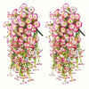 A bundle of artificial morning glory hanging flowers in shades of pink and green.