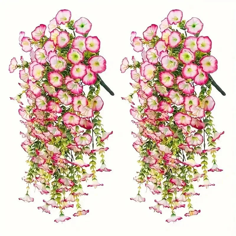 A bundle of artificial morning glory hanging flowers in shades of pink and green.