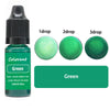 A glass bottle of green liquid colorant with three dropper tips showing 1, 2, and 3 drops.