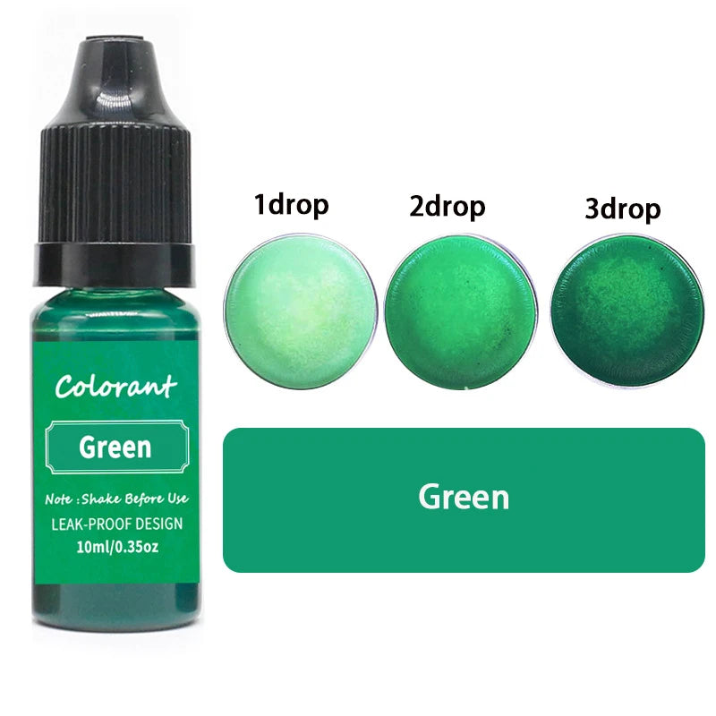 A glass bottle of green liquid colorant with three dropper tips showing 1, 2, and 3 drops.