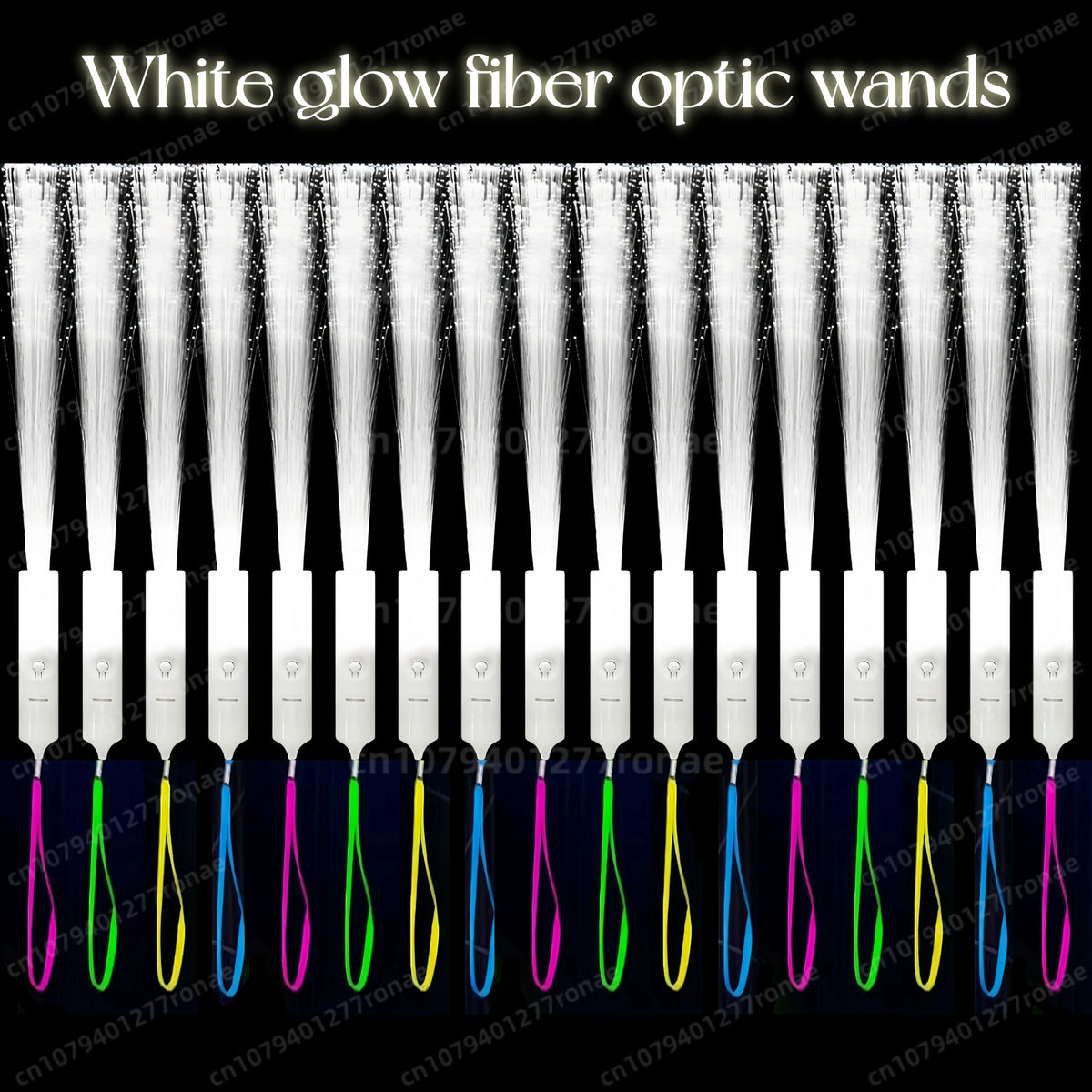A row of white glow fiber optic wands with various flash modes displayed against a black background.