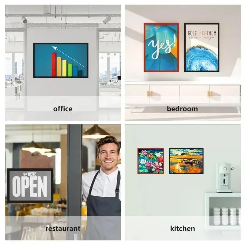 Collage von magnetischen Foto-Displayrahmen in Büro, Schlafzimmer, Restaurant und Küche.