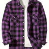 A purple and black plaid flannel button-up shirt worn over a white t-shirt.