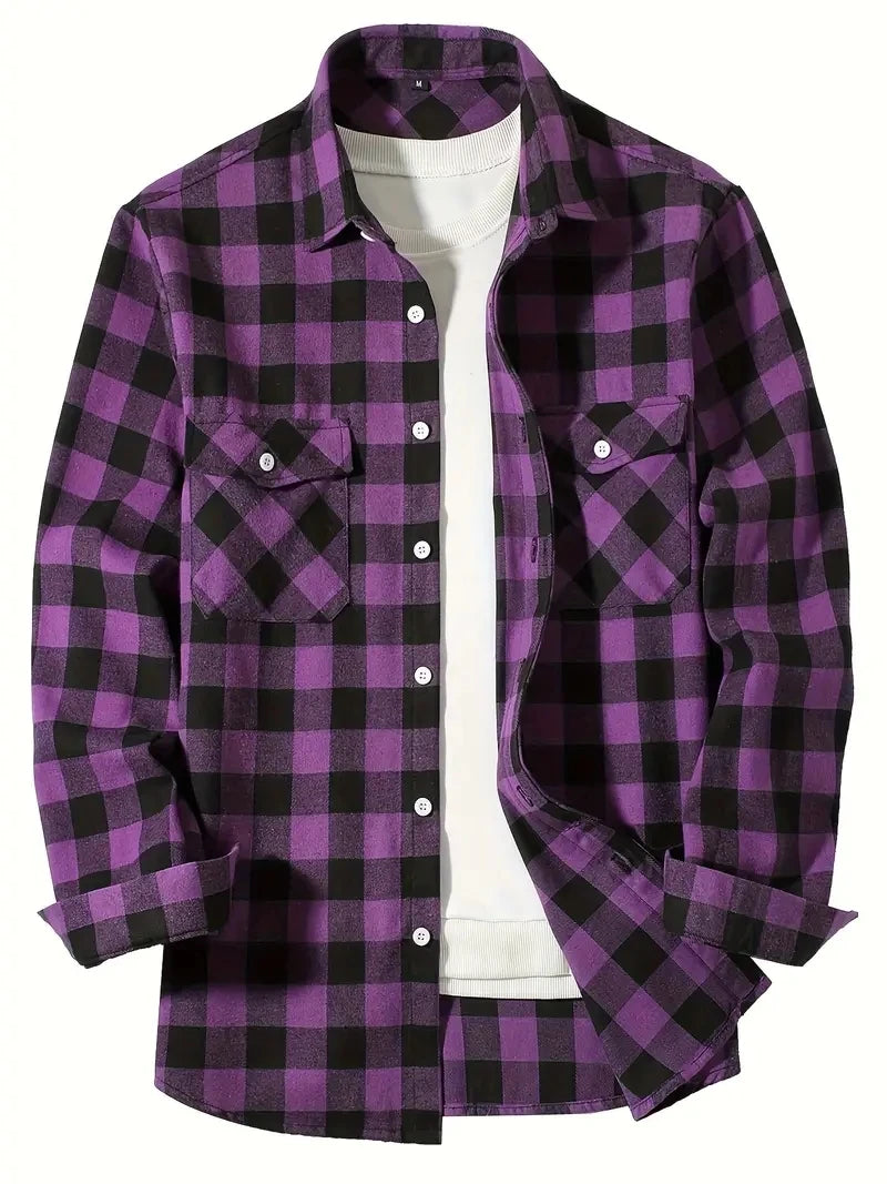 A purple and black plaid flannel button-up shirt worn over a white t-shirt.