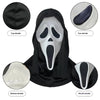 A realistic ghost face mask with a black hood and white face, showing details of the top, eye, bottom, and mouth areas.