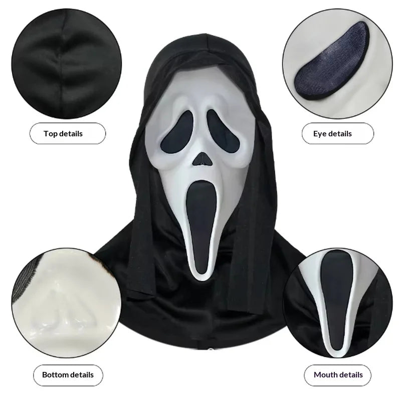A realistic ghost face mask with a black hood and white face, showing details of the top, eye, bottom, and mouth areas.
