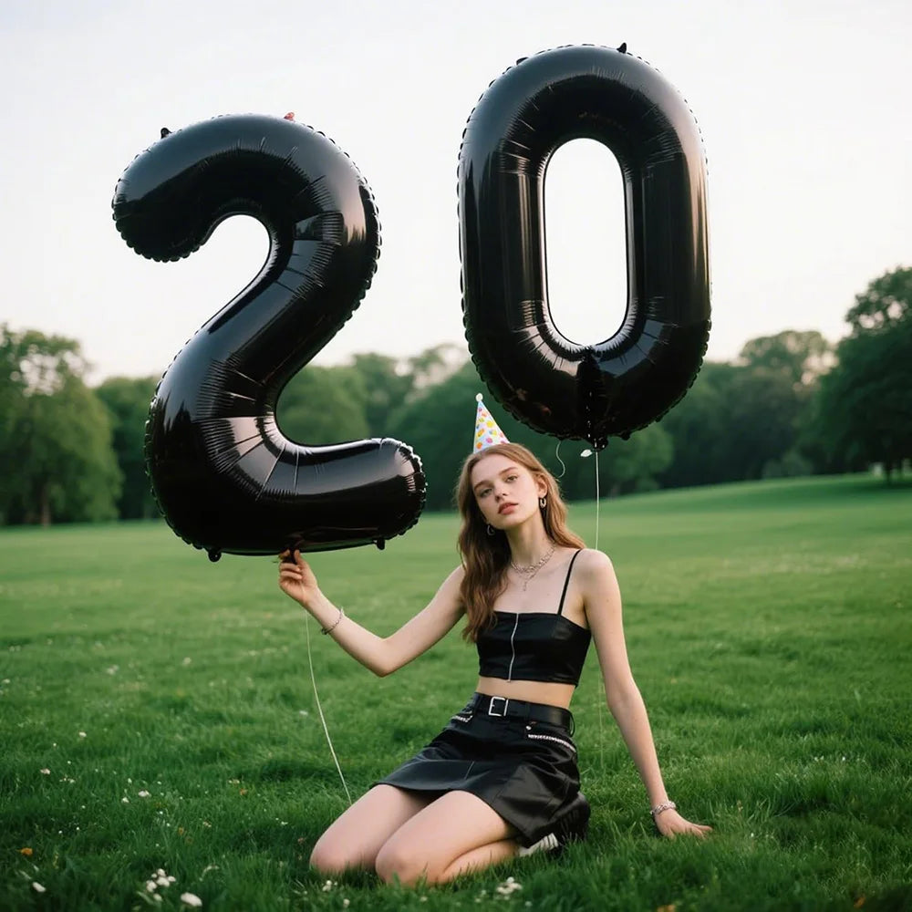 A young woman sitting in a grassy field holding a large black foil number balloon spelling '20'