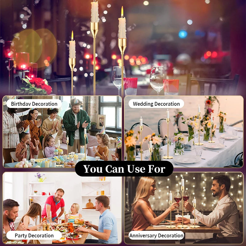 A collage showing various decorative setups for birthdays, weddings, parties, and anniversaries using elegant metal candle ho