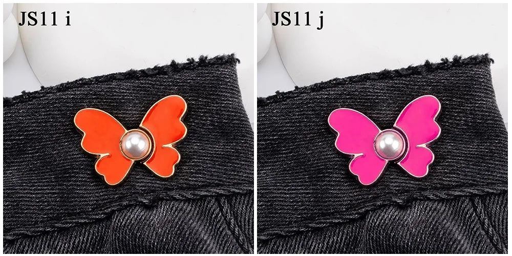 Two images showing pearl butterfly waist tightener buttons in orange and pink on black denim fabric.