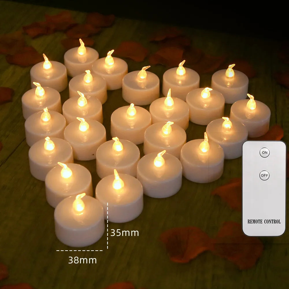 A collection of white flameless LED tea light candles with paper lampshades arranged on a wooden surface.