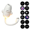 A white 2-in-1 Galaxy Projector and night light with an adjustable focus, showing various celestial images.