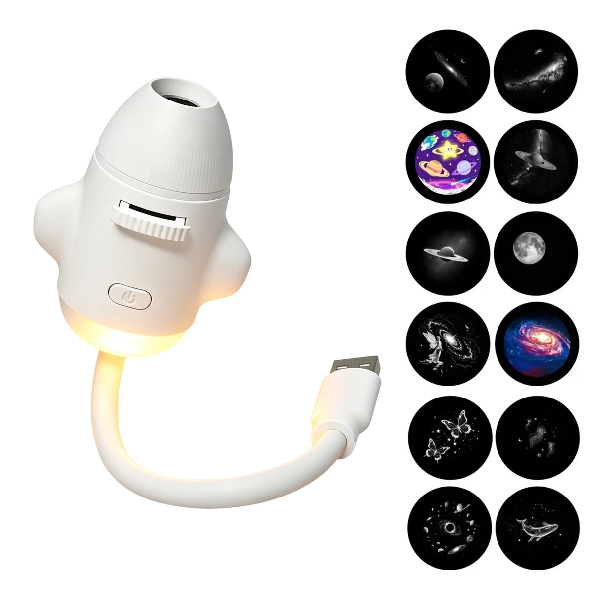 A white 2-in-1 Galaxy Projector and night light with an adjustable focus, showing various celestial images.