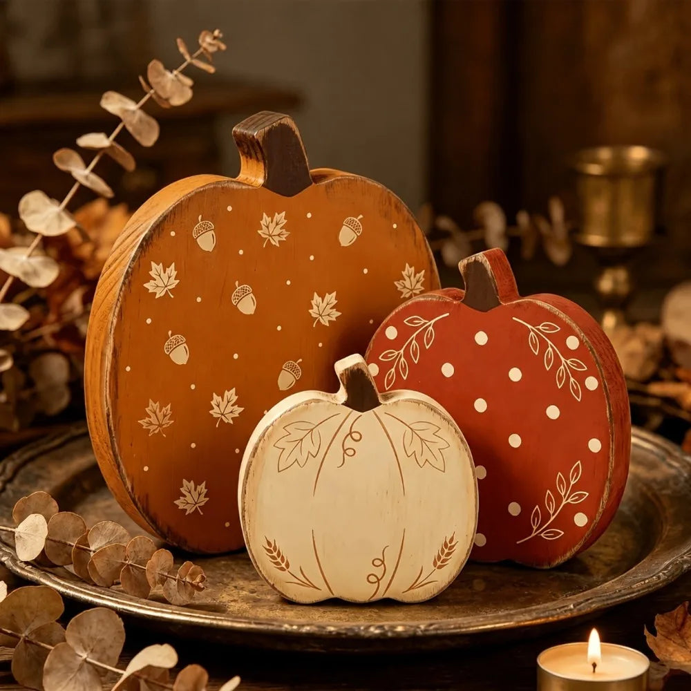 A set of three wooden pumpkin figurines in orange, red, and white are displayed on a rustic plate with fall foliage.