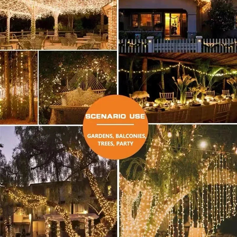 Various scenes showing solar powered fairy lights used for outdoor garden décor, balconies, trees, and parties.
