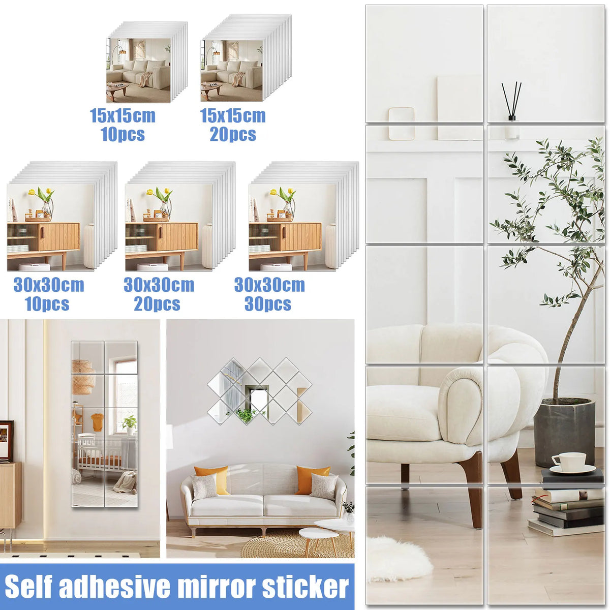 Set of self-adhesive mirror stickers in various sizes and designs for home decor