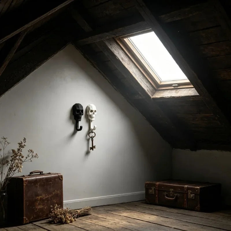 A set of two black and white skull wall hooks mounted on a light gray wall in a rustic room.
