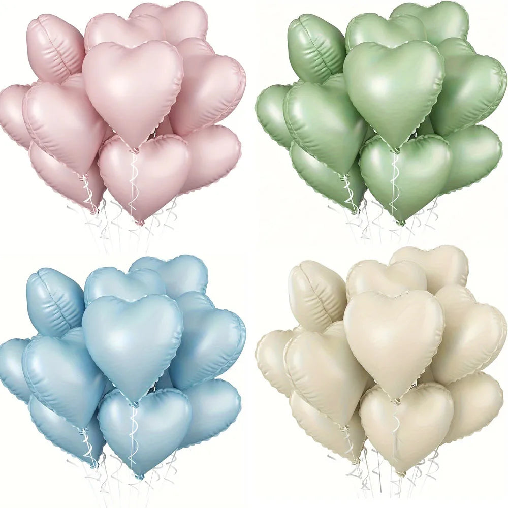A set of ten heart-shaped foil balloons in pink, green, and light beige colors.