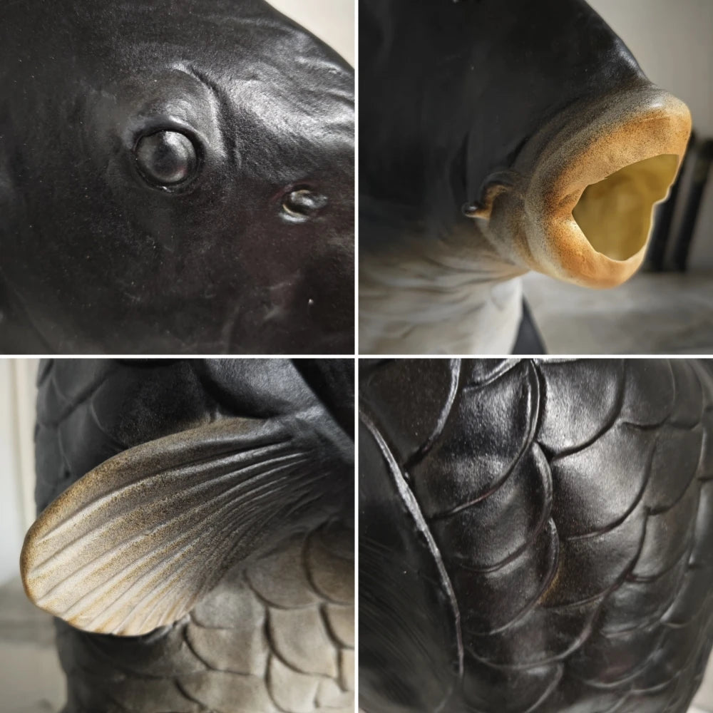 Close-up shots of a funny fish head latex costume mask showing the eye, mouth, and textured scales.