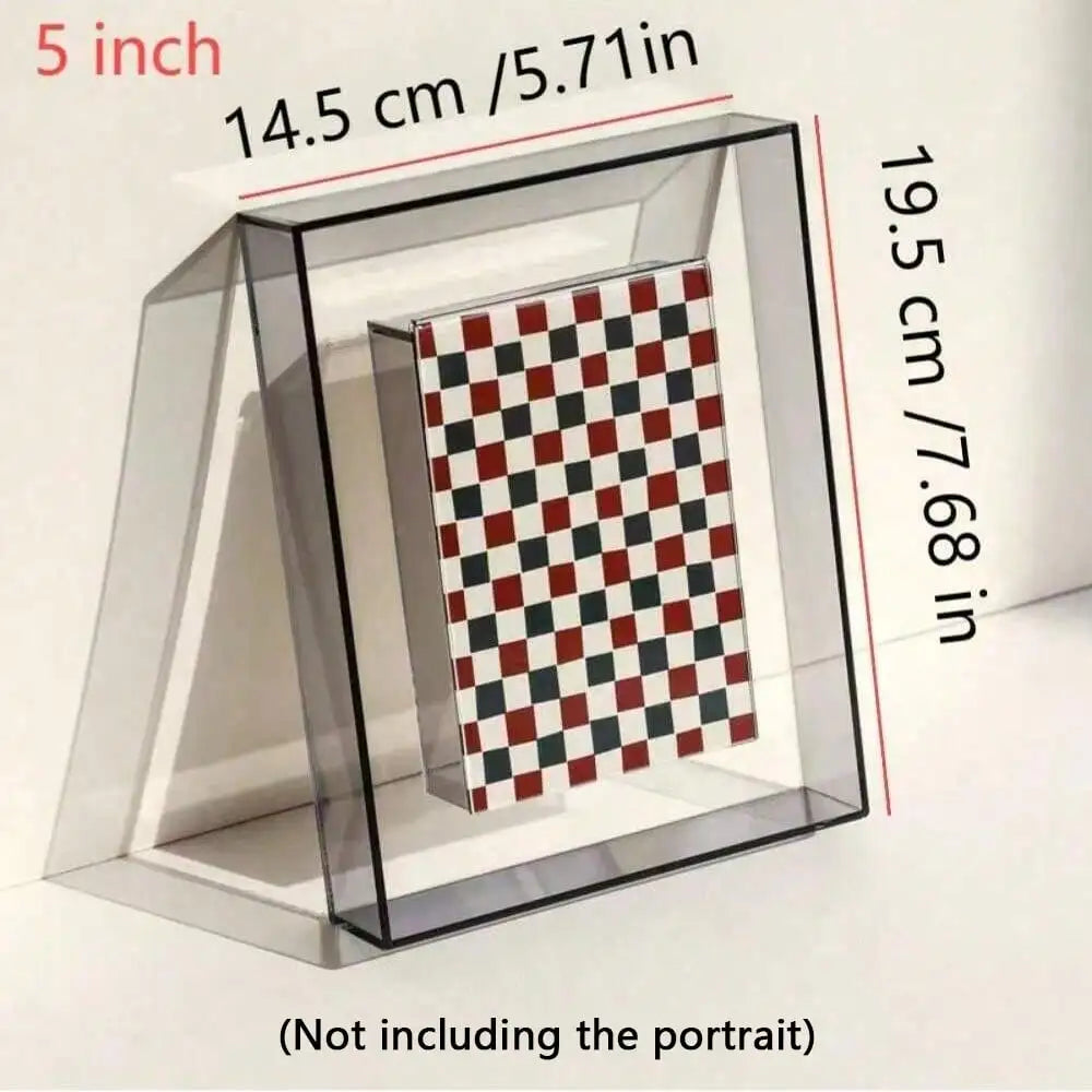 A clear acrylic photo frame displaying a red and black checkered grid inside.