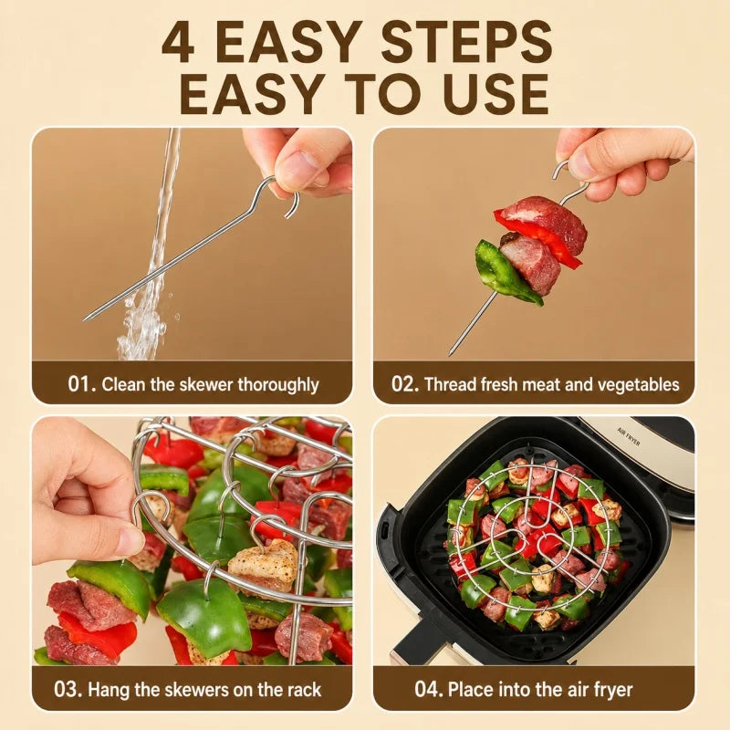 Four steps showing how to use a stainless steel skewer rack for air frying fresh meat and vegetables