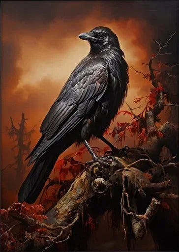 A dark bird with black feathers stands on a gnarled tree root against an orange and dark background.