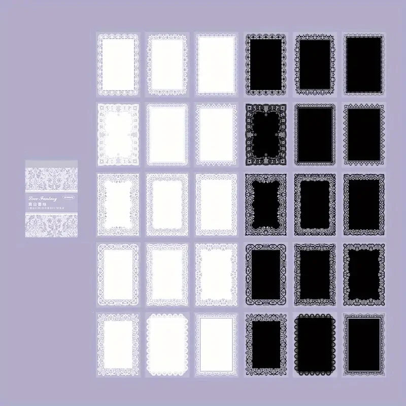 A grid of vintage lace stickers in black and white outlines for junk journals and DIY crafts