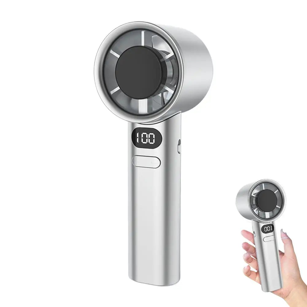 A silver portable rechargeable handheld fan with a digital control display is shown being held by a hand.