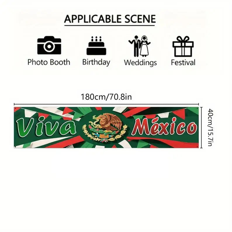 Lebendiger Banner mit dem Text Viva México in mexikanischen Flaggenfarben und Motiven für Partys.