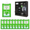 A set of ten hanging green bags used as moisture absorbers for closets and wardrobes.