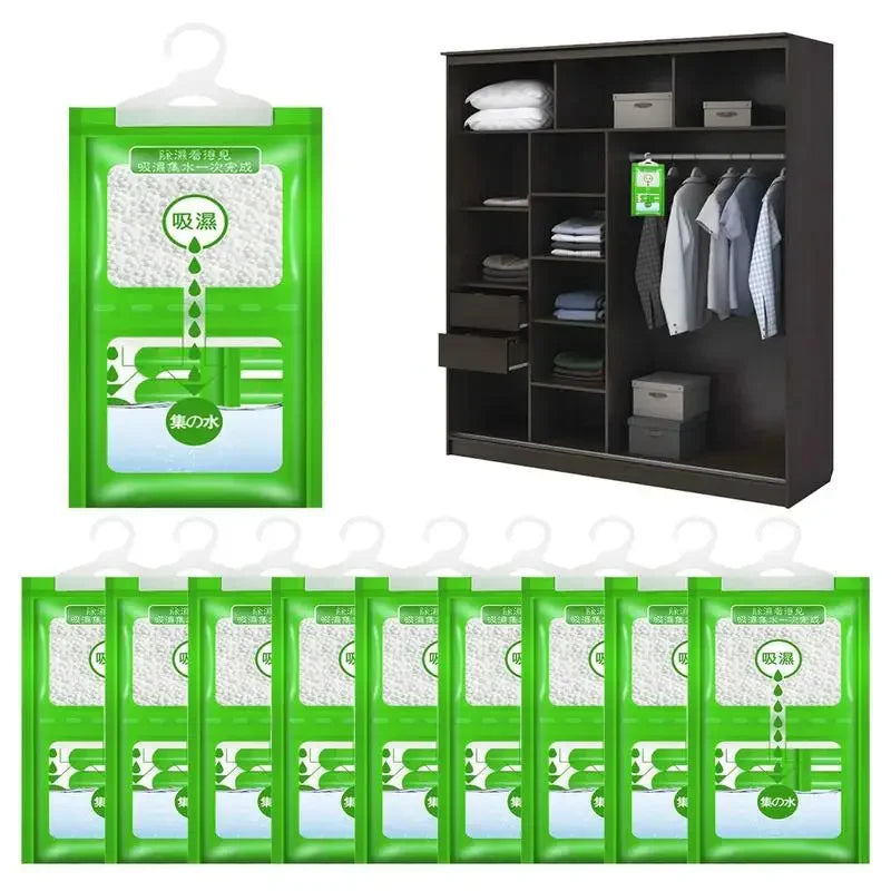 A set of ten hanging green bags used as moisture absorbers for closets and wardrobes.
