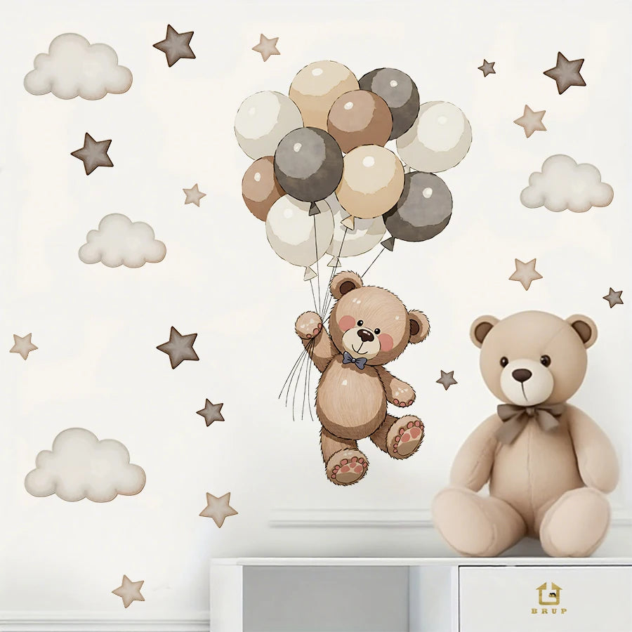 Autocollants muraux mignons avec un ours en peluche brun et un bouquet de ballons clairs sur fond blanc