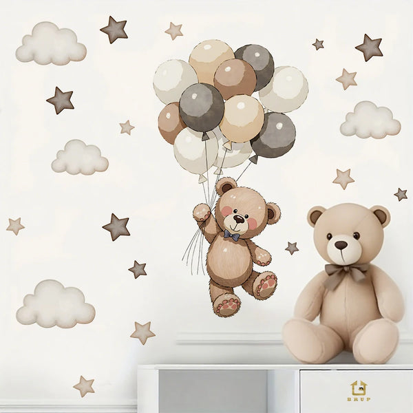 Adorable teddy bear wall decals featuring a brown teddy bear and a bunch of light-colored balloons against a white background