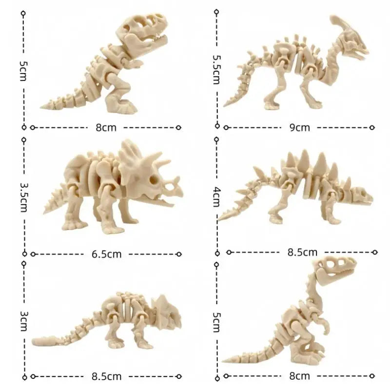 A collection of 3D printed dinosaur skeletons in various poses and sizes displayed against a white background.