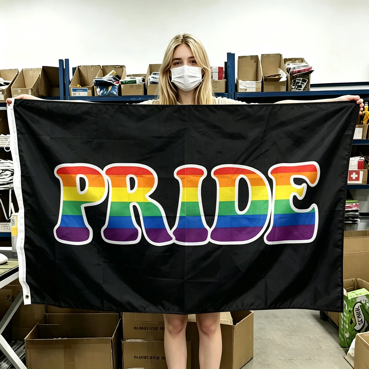 A person holds up a black banner displaying the word PRIDE in a rainbow flag design.