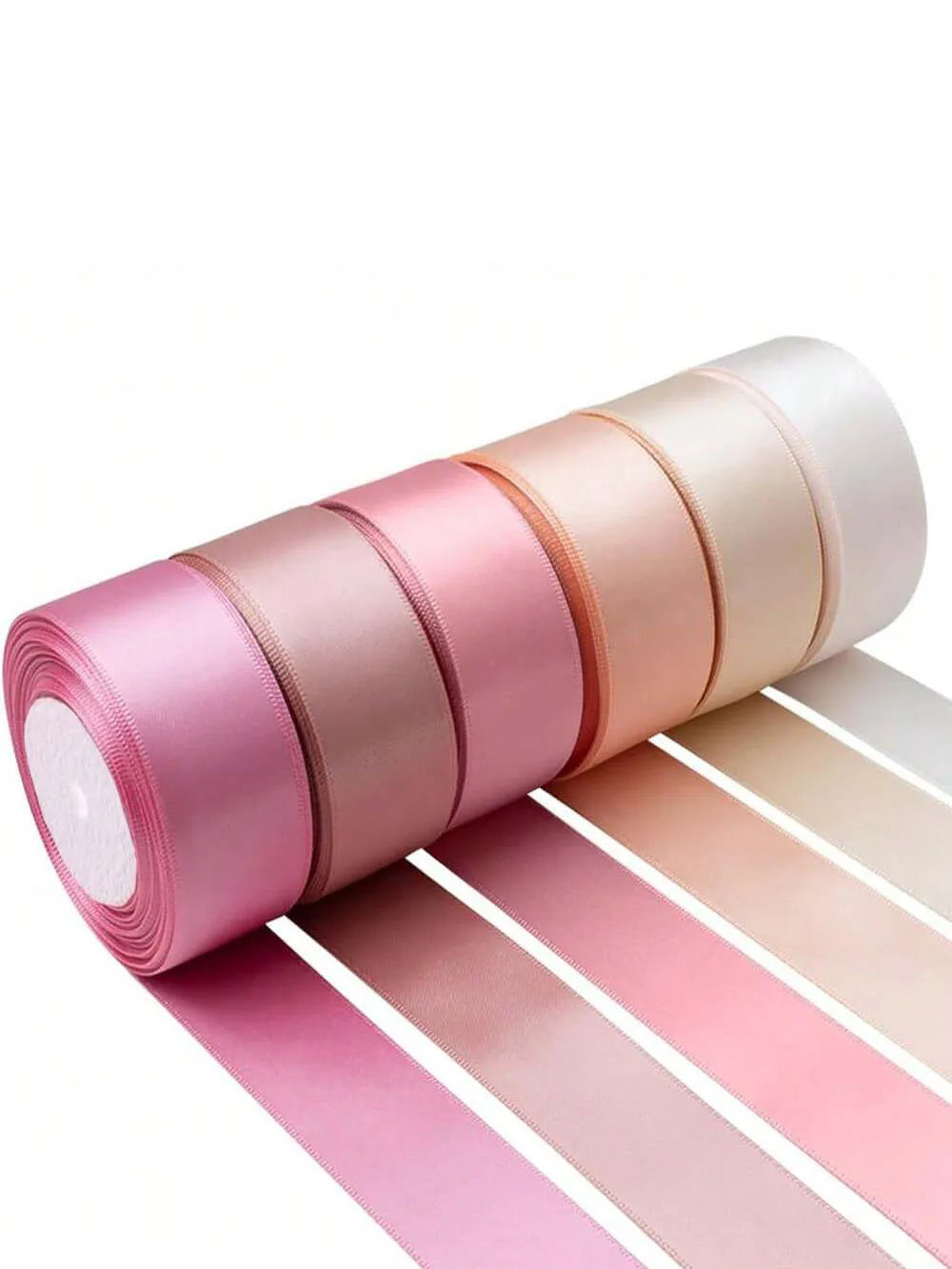 Roll of satin silk ribbon in various shades of pink and peach, displayed horizontally.