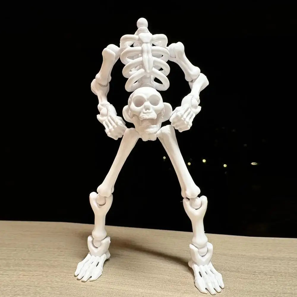A white plastic skeleton figurine standing upright, showing the full skeletal structure.